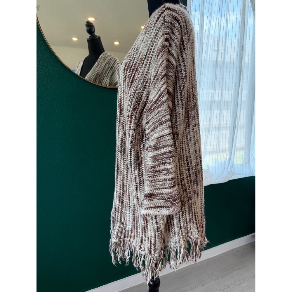 POL Open Front Cardigan Sweater Womens M Brown Cream Space Dye Fringe Boho - Picture 2 of 7